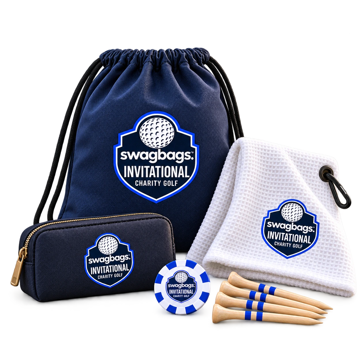 $20 Birdie package illustration with drawstring bag, towel, valuables pouch, ball marker, and bamboo tees
