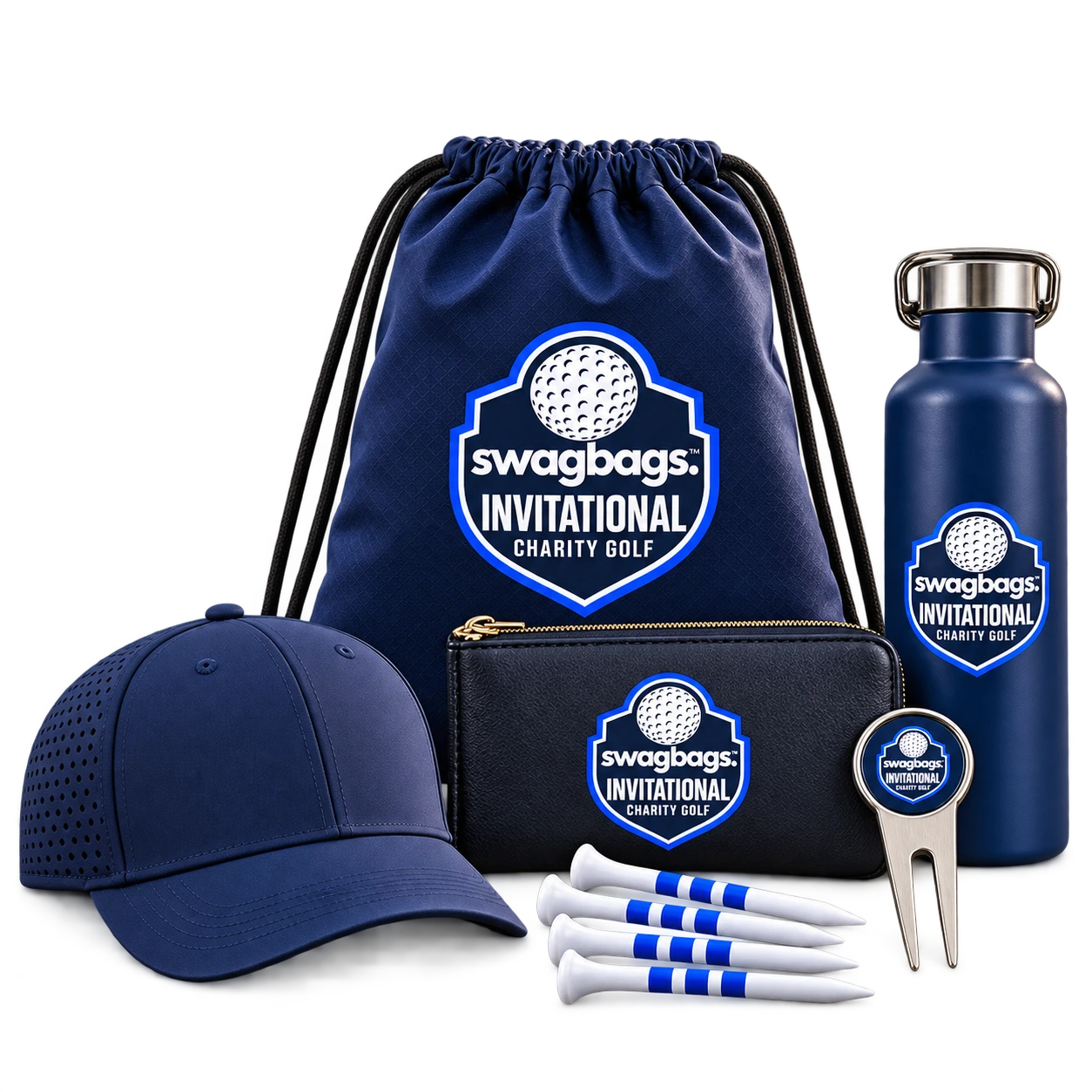 $40 Birdie package illustration with water bottle, cap, drawstring bag, valuables pouch, divot tool, and tees