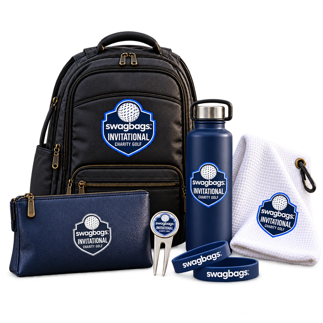 $60 Birdie package illustration with backpack, water bottle, towel, valuables pouch, divot tool, and wristbands